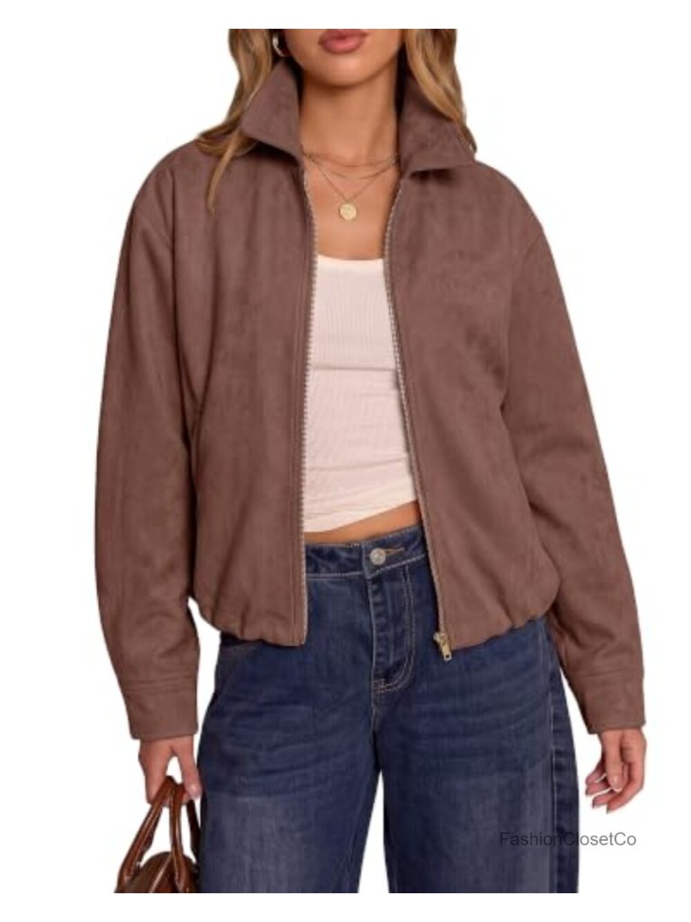 Faux Suede Jacket Womens Oversized Cropped Fall Coat Zip Front Casual